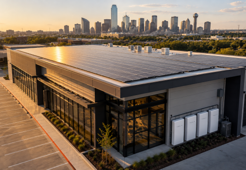 Modern industrial building at golden hour