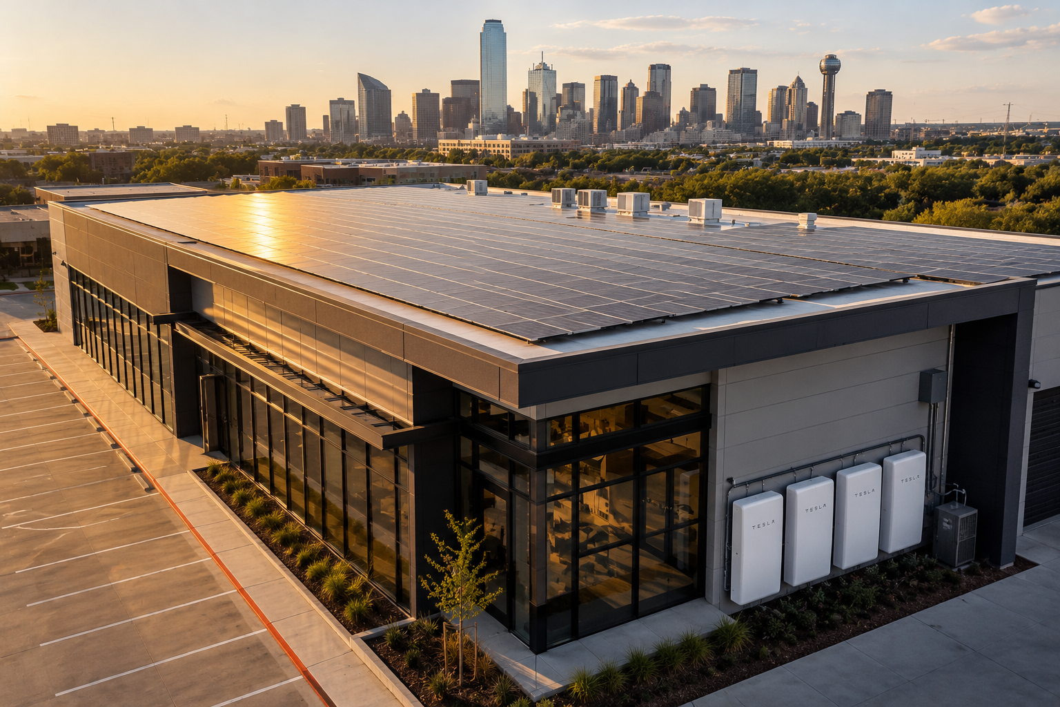 Modern industrial building at golden hour